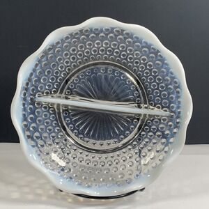 Glass Hobnail Divided Serving Dish Opal Edge Scalloped Rim Anchor Hocking Vtg